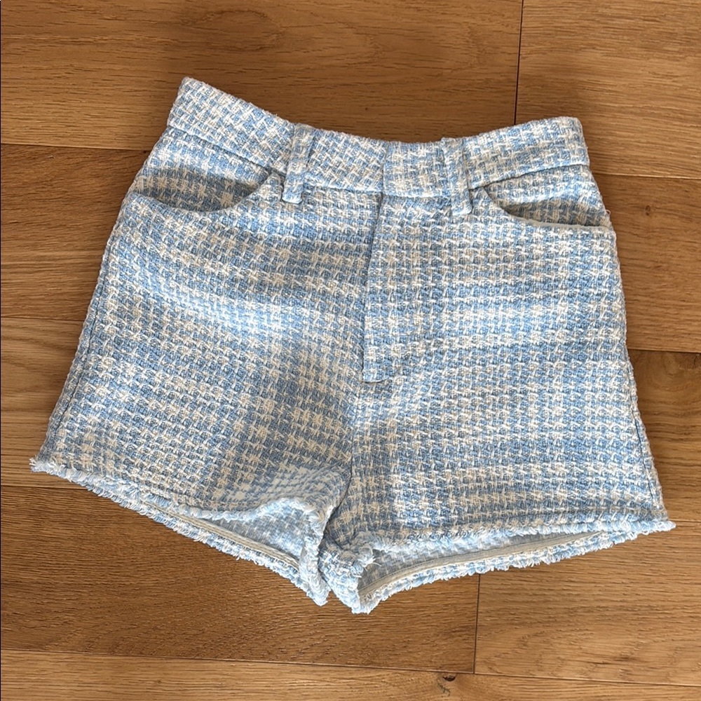 Zara Blue and White High Waist Tweed Shorts